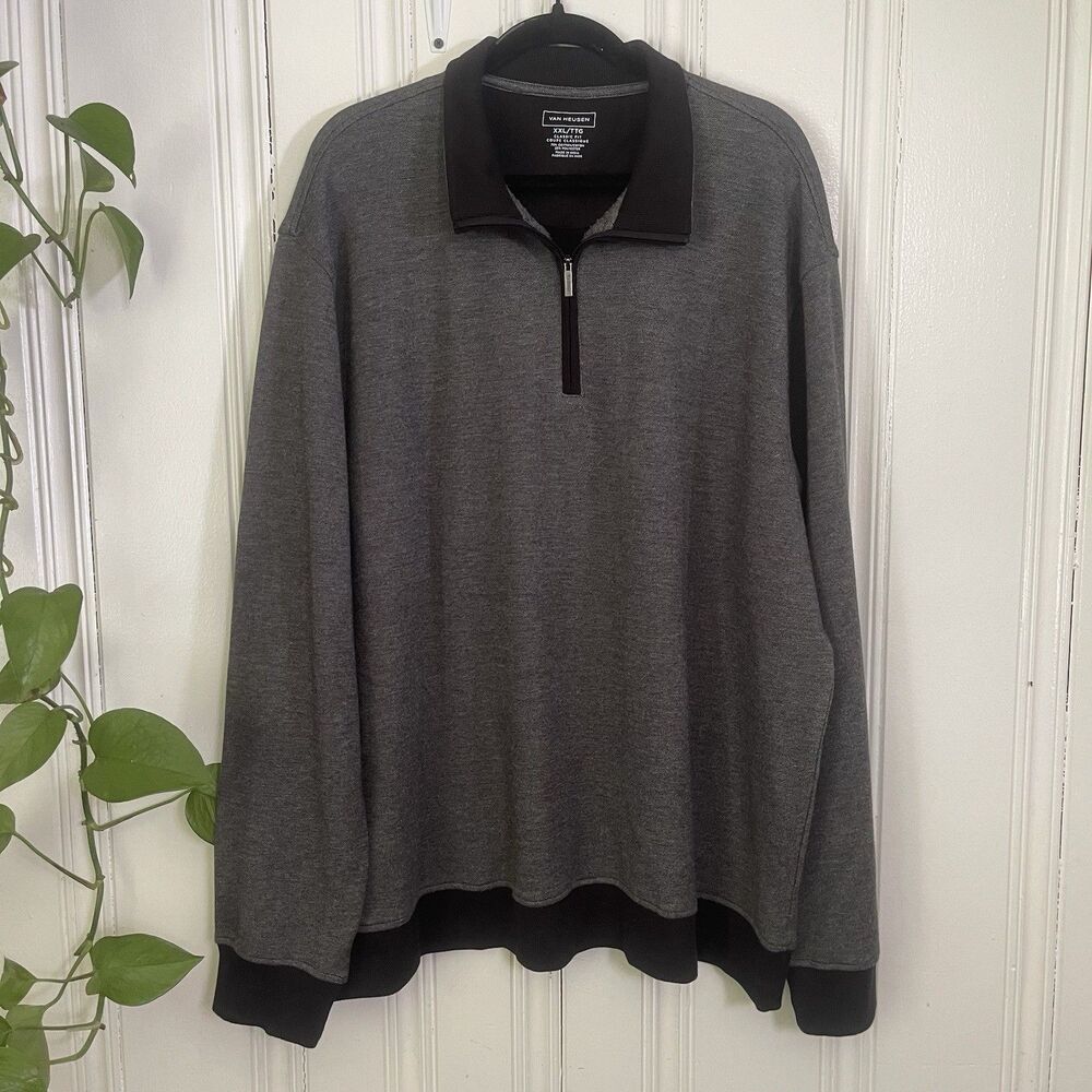 Van Heusen Men’s Gray Black Classic Fit 1/4 Zip Pullover Sweater Size XXL
